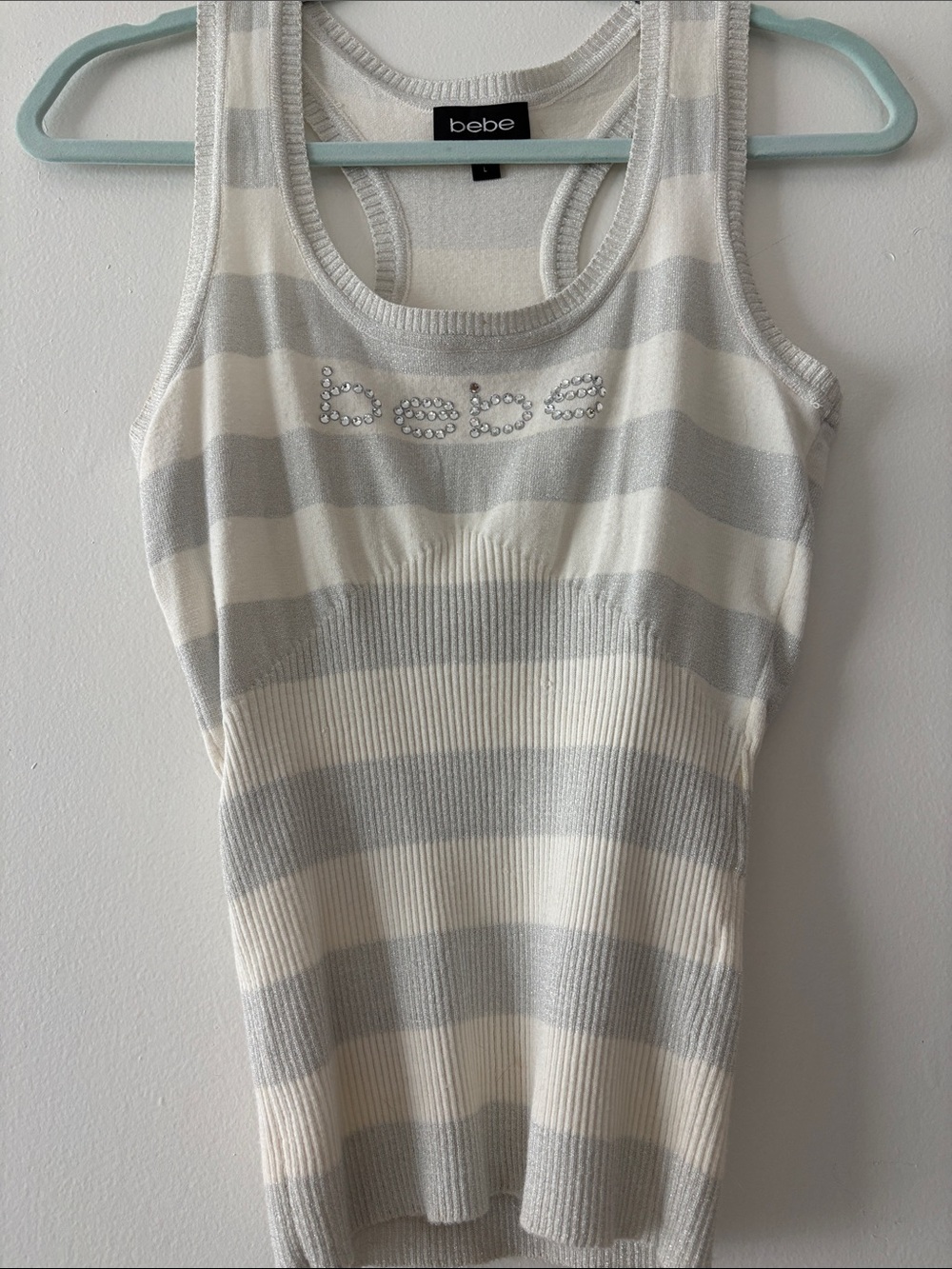bebe Y2K- Silver & White Striped Rhinestone Logo Tank- Practically new 🫶